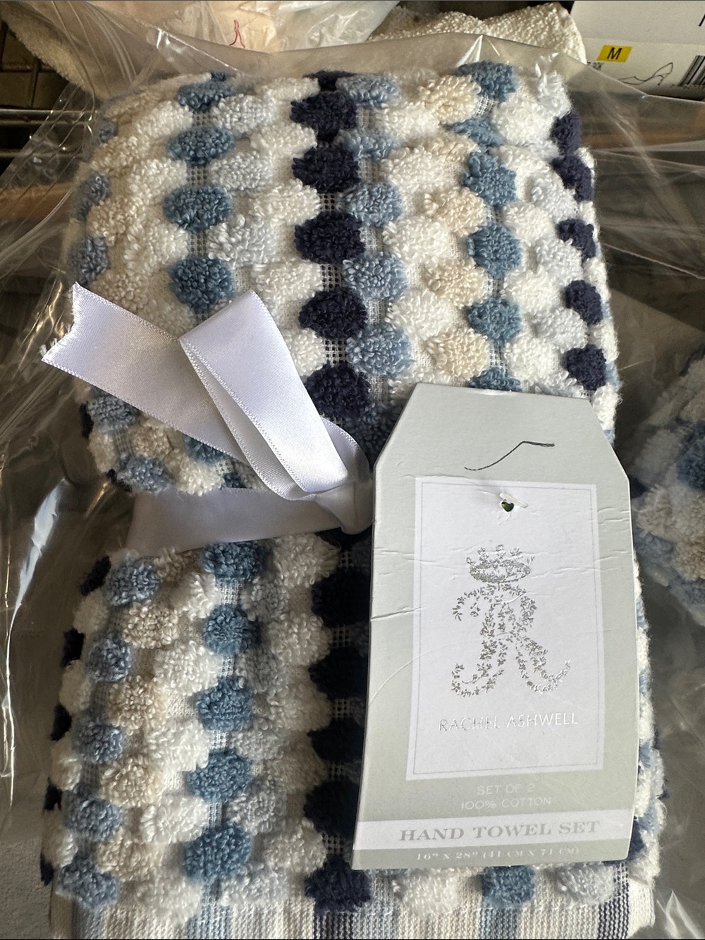 Rachel Ashwell Blue & Cream Polka Dot Cotton Hand Towel Set of 2